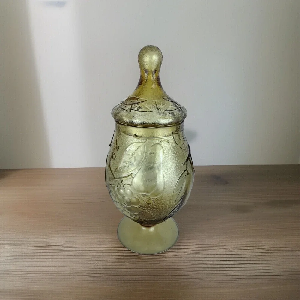 Vintage Mid Century Modern Amber Italian Empoli Fruit Motif Apothecary Jar W/Lid